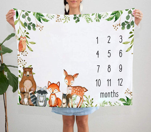 Woodland Baby Monthly Milestone Blanket, 50"x40", Growth Chart with Woodland Animals, Includes Marker
