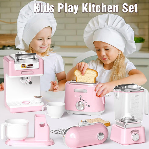 Set, 7 3 Kids Kitchen Toys BPA-Free Piece Pretend Play Appliances with Light Sound, Coffee Maker Blender Stand Mixer