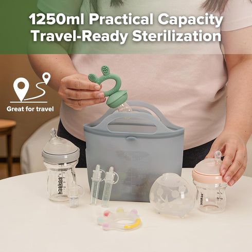 40oz/1250ml Grey/2PCS Haakaa On-The-Go Silicone Microwave Steam Sterilizer Bags for Travel, Reusable Silicone Steaming
