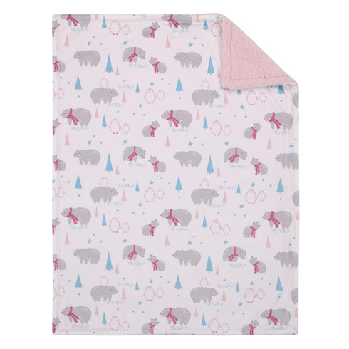 NoJo Girl Bear and Penguins White, Gray, Pink Super Soft Christmas Sherpa Baby Blanket and Security Blanket Set