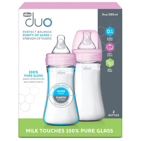 9oz 2-Pack, Chicco Duo Hybrid Baby Bottle, Real Glass Inside, Lightweight Plastic Outside, Patented Invinci-Glass