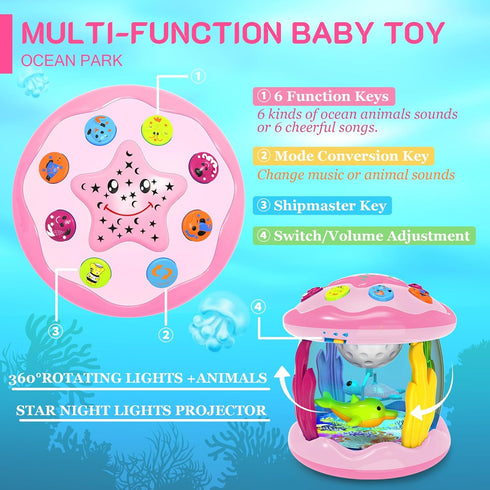 Baby Toys for 6-12 Months - Musical Light Up Rotating Toys, Pink Ocean Projector for Infant Learning Skills