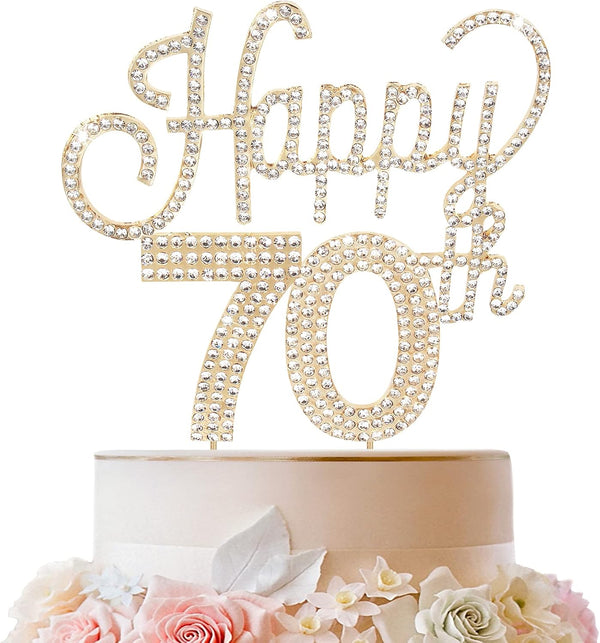 LINGTEER Happy 70th Birthday Gold Rhinestone Cake Topper, Cheers to 70th Birthday Party Decorations