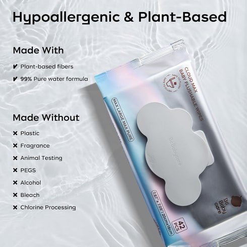 99% 42 3 Packs Bc Babycare Cloud Max Flushable Wipes, Hypoallergenic for Sensitive Skin, Water, Plant-Based Fibers