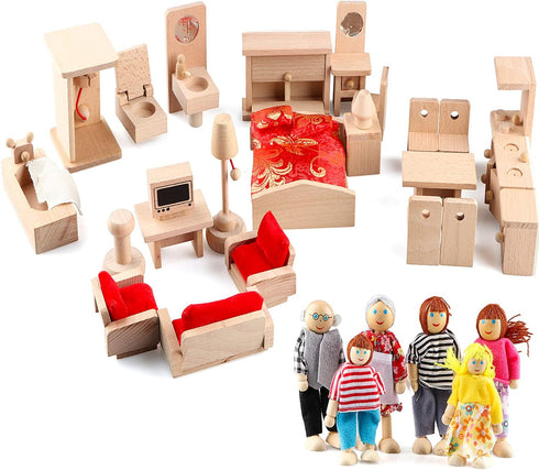 5 Set Dollhouse Furniture Accessories Wooden Bathroom/Living Room/Dining Room/Bedroom/Kitchen House 6 Family