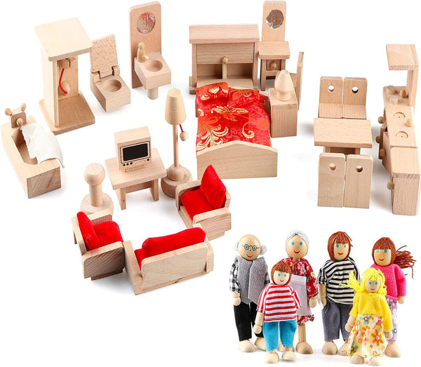 5 Set Dollhouse Furniture Accessories Wooden Bathroom/Living Room/Dining Room/Bedroom/Kitchen House 6 Family