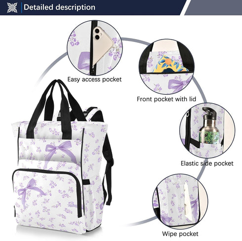 Bolaz Backpack Purple Floral Bow Diaper Bag Tote Multifunction Baby Nappy Changing Bags Large with Stroller Straps