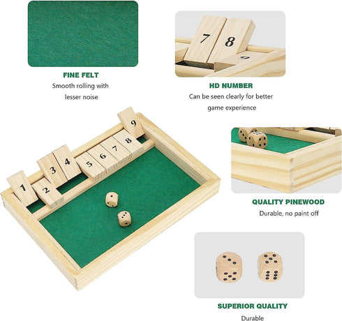 Wooden Shut The Box Game - Classic 2 Player Dice Game, Tabletop Version, Popular Pub Game for Kids