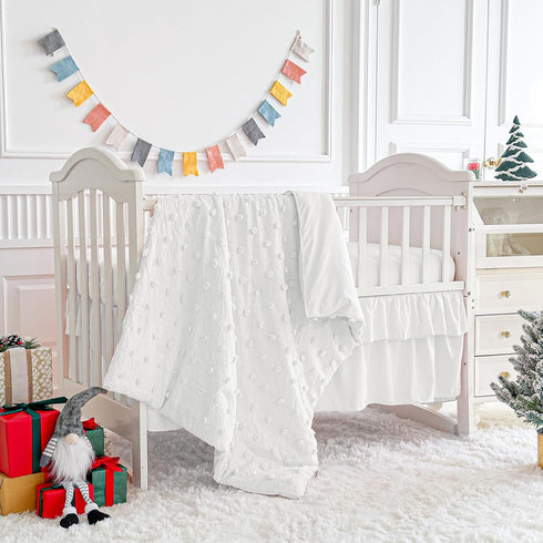 Set 3pc Set White Crib Bedding Tufted Dots Jacquard Baby Comforter with Fitted Sheet and Bed Skirt - Cute Embroidery