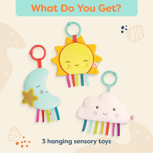 B. baby – 3 Sensory Baby Toys, Crinkle Toys for Newborns, Hanging Toys for Car Seat, Stroller, Crib – Sun, Cloud, Moon