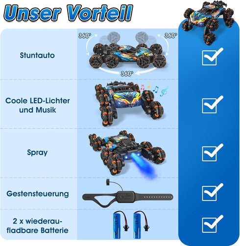 8WD 6-12 ADUSRIZ Gesture Sensing Road Stunt Car, Remote Control Cars with LED Light, Music and Spray, Drift RC Car Toys
