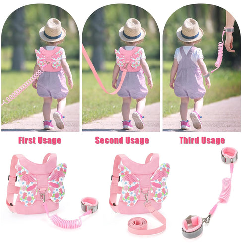 Pink Toddlers Leash + Anti Lost Wrist Link Child Safety Harness Walking Wristband Assistant Strap Belt for Kids