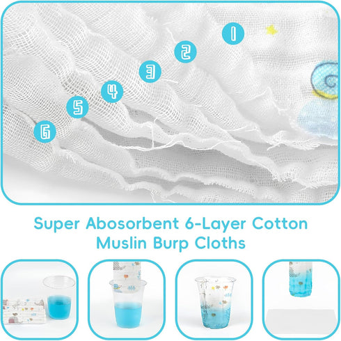 20'' 10'' Pack 6,Baby 6-layer FOOK FISH Muslin Burp Cloths Cotton Burping Cloth X of Spit Up Cloths