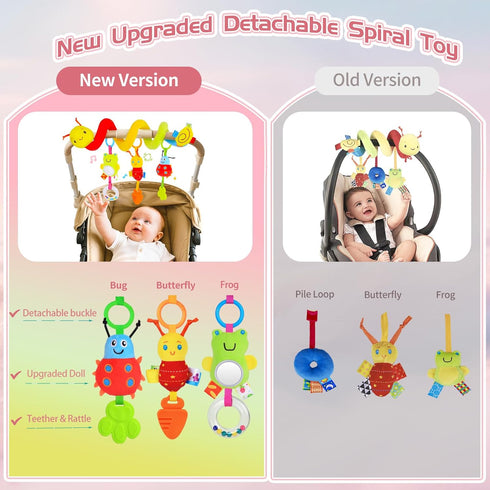 0-6 Car Seat Toys for Babies Months, Upgraded Spiral Hanging Crib Stroller Activity Toys with Detachable Rattles, Baby