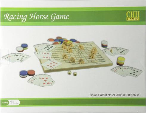 Racing Horse Family Game Wood Board with 100 Gaming Chips, Playing Cards, and Two Dice