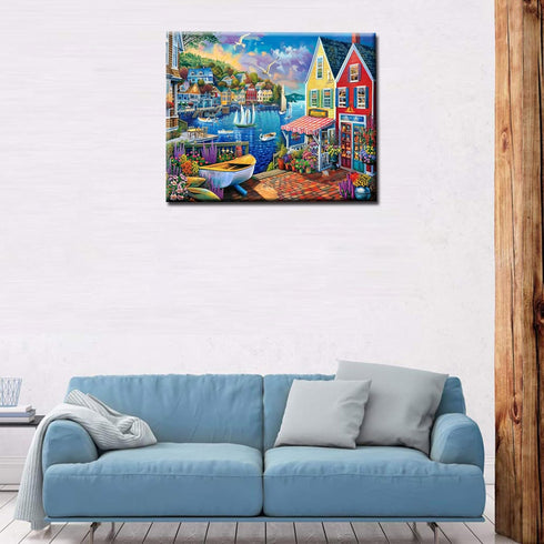 Colorful Coastal Town Paint by Number Kits, 16 x 20 inch Canvas DIY Oil Painting for Kids, Students, Adults with Brushes