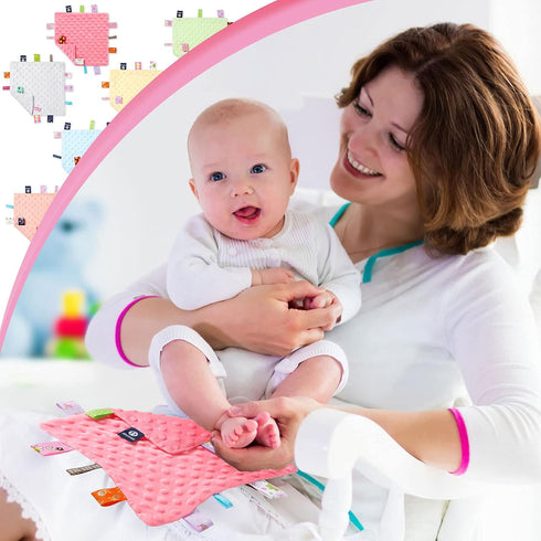 4 Pieces Baby Tag Security Blanket, Soothing Plush Comforter for 0-12 Months Babies, 9.5 x 9.5 Inch