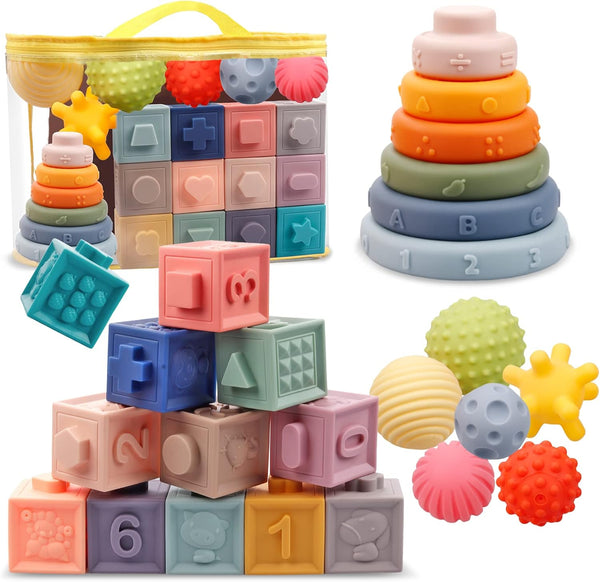 Montessori Toys for Babies, Soft Stacking Building Blocks, Rings, Balls Sets, 3 in 1 Baby Toys Bundle for 6-12 Months,