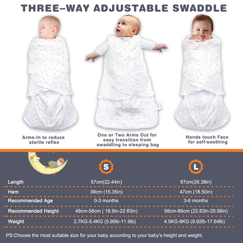 100% 3-Way 1.0 0-3 Swaddle-Blanket Baby Girl & Boy Swaddles Newborn Infant Transition Cotton Wrap Blankets, Adjustable
