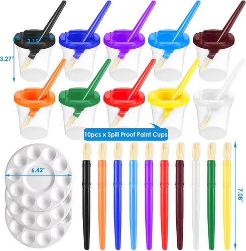 Paint Cups with Lids for Kids, No Spill Paint Containers with Toddler Brushes & Palette Tray (Pack of 23)