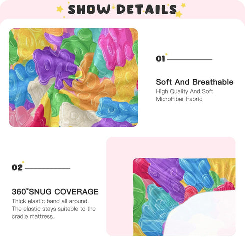 Gummy 52x28in Baby Crib Sheet Colorful Sweet Jelly Bears Crib Mattress for Boys and Girls Candies Playard Sheet Soft