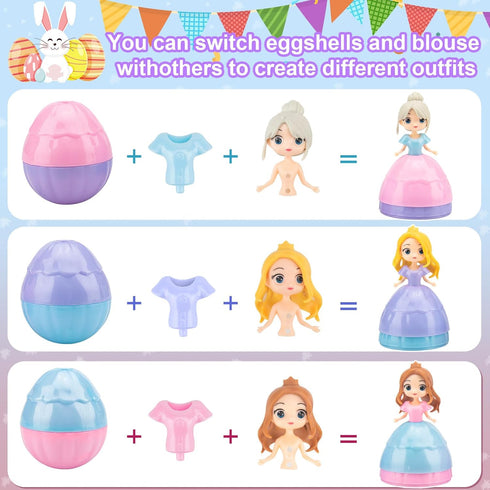 12PCS DREACAREFT Princess Easter Eggs - Prefilled Easter Eggs Filled with Princess Dolls Toys for Kids Girls Basket