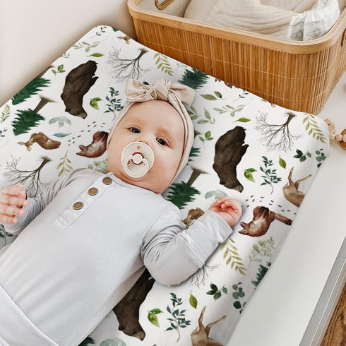Changing Pad Cover for Baby Girl Boy, Woodland Animals Pine Tree, Soft Stretchy Safe Snug Fitted Diaper Change Table