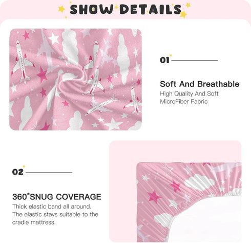 KICPOAY 52 28 Airplanes Clouds Star Pink Fitted Crib Sheets Stretchy Portable Playard Sheets for Baby Toddler