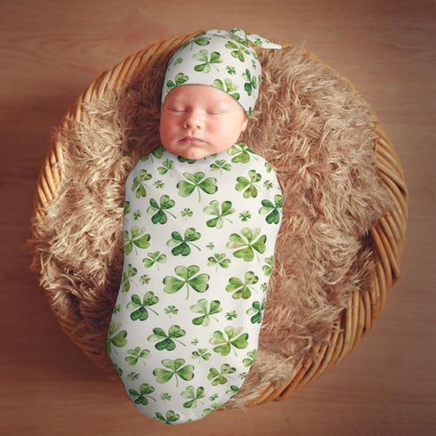 Sets Watercolor Shamrock Newborn Swaddle Blankets Hat Soft Baby Receiving Blanket Swaddle Sack for Baby Shower Infant