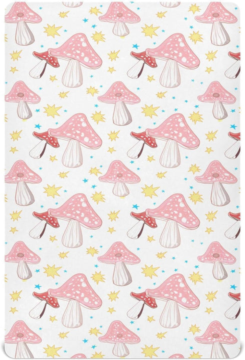 SDMKA Pink Orange Mushrooms Crib Sheets for Boys Girls - Portable Microfiber Fitted