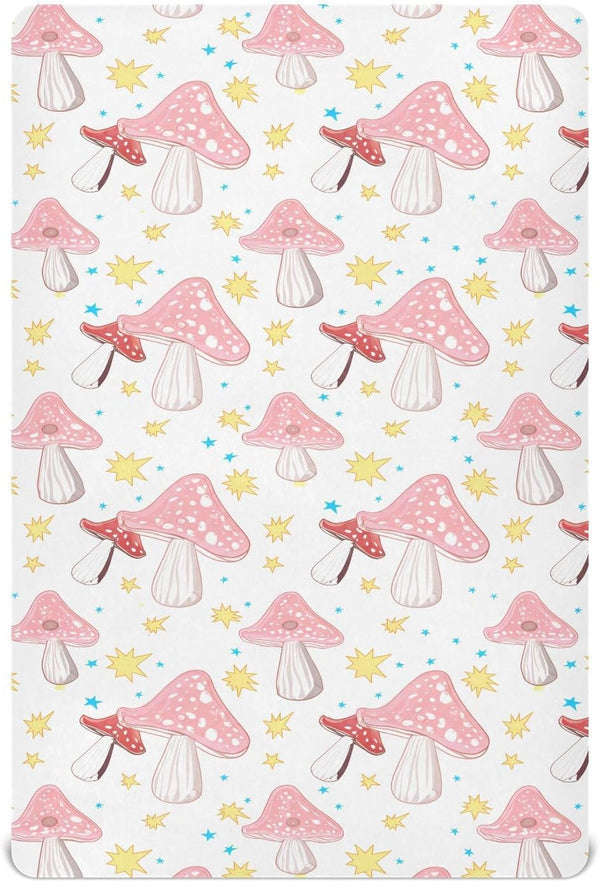 SDMKA Pink Orange Mushrooms Crib Sheets for Boys Girls - Portable Microfiber Fitted