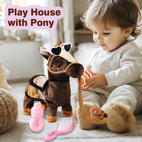 Marsjoy 3+ 11.81" 3+ Black Walking Pony Toy Musical Singing Dancing Plush Interactive Walk Along Toy Horse with Leash