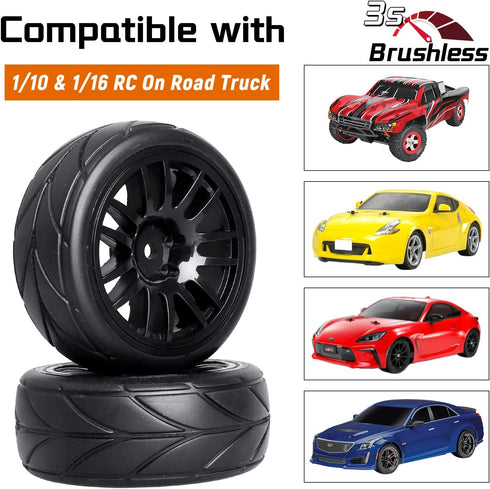 4-Pack 1:10 Scale RC On-Road Racing Tires and Wheels with Foam Inserts 12mm Hex Hub Fits for Traxxas Redcat Tamiya TT-02 (Color A)