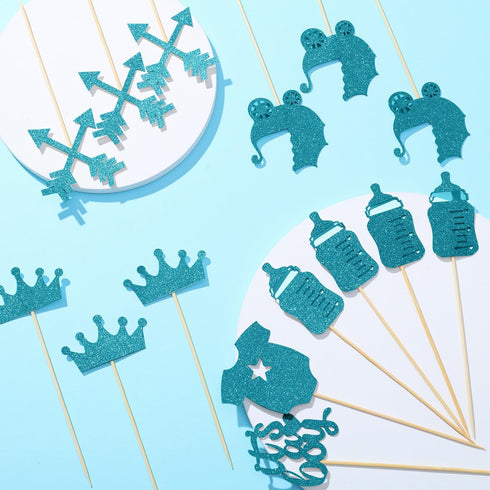 Boao 48 Pieces Glitter Cupcake Toppers for Baby Shower - It's a Boy Jumpsuit, Bodysuit, Carriage, Crown, Arrow Picks