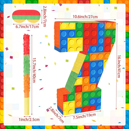Lemicin 7 7th 16 10.6 3 Number Pinata Building Blocks with Pinata Stick Blindfold Birthday Party Decorations Happy