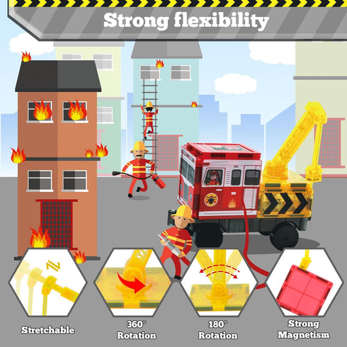 56PCS 4-8, 4 5 Magnetic Tiles for Kids, Construction Magnet Tiles with Fire Truck Station, Building, Road, Crane, Car