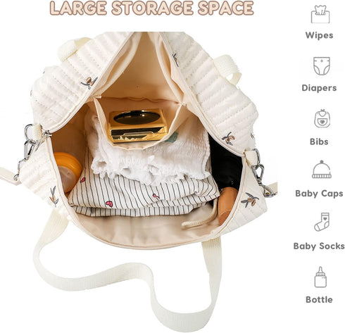 SONARIN Mommy Embroidery Diaper Bag Tote,Stylish Large Capacity Nappy Changing Bag Portable Travel Bag with Stroller