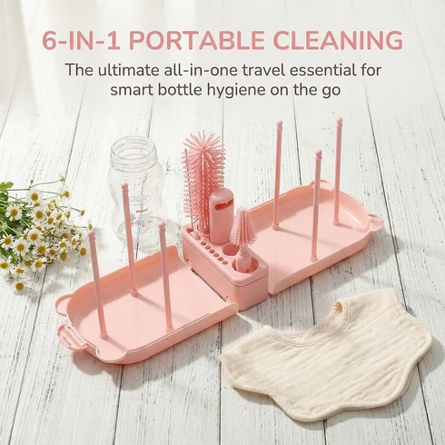 6 In1 Set Baby Bottle Brush Kit,Portable Silicone Bottle Brush Cleaner with Straw Brush,Nipple Brush,Drying Rack,Soap