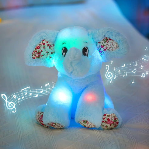 BSTAOFY 12‘’ Musical Light Up Elephant Plush Toy, Blue LED Stuffed Animal Nightlight for Kids Birthday
