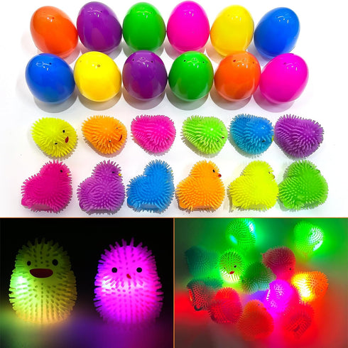 12 Pack Easter Eggs Filled with LED Chick Puffer Balls, Easter Basket Fillers with Light Up Stress Relief Fidget Toys