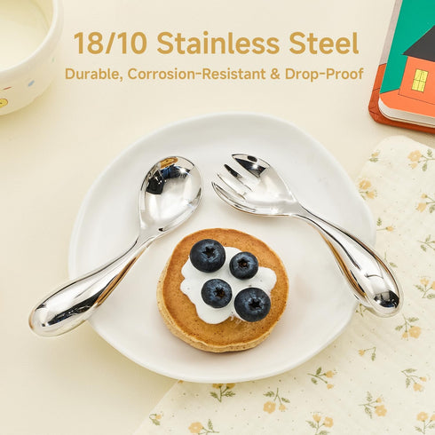 Set, 18/10 Set (2-Piece) KINGSTONE Toddler Utensils Stainless Steel Kids Silverware with Curved Handle, All-Metal Baby