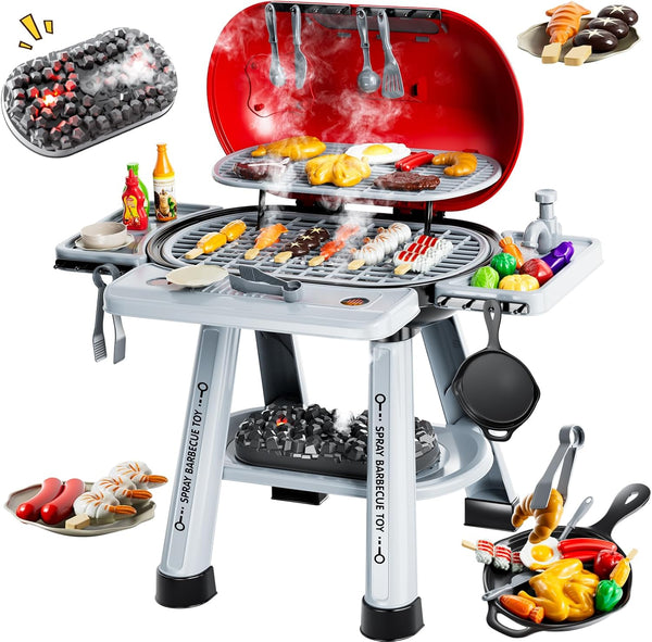 Kids Grill Playset for Toddlers 3-5, 2-Layer Outdoor BBQ Cooking Toy with