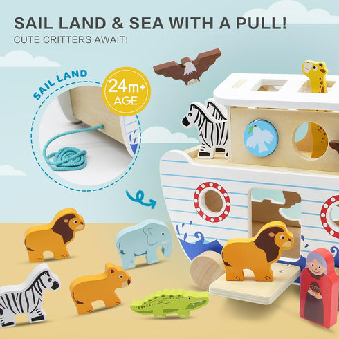 Set, 2-4 bpmfkid Noah's Ark Wooden Toy Educational Wooden Animal Toys for Toddlers, Montessori Shape Sorter Educational