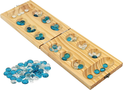 Wooden Mancala Board Game Set - Portable and Educational Two-Player Strategy Game for Family Fun