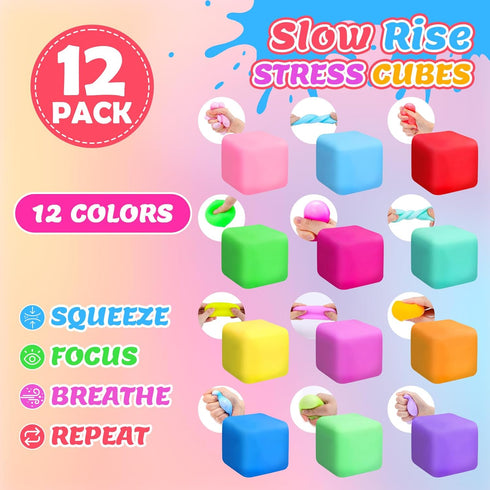 12 Pack Slow Rising Stress Cube, Dough Stress Balls Squishy Fidget Toys for Anxiety Relief, Soft Fidget Cube, Pull