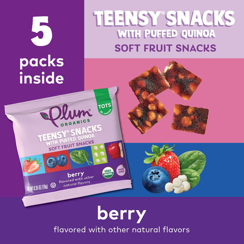 Plum Organics Teensy Snacks, Soft Fruit Snacks - Berry with Puffed Quinoa, 0.35 oz Bags (Pack of 40)