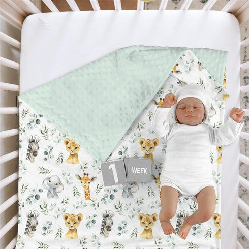 African Safari Jungle Animal Minky Baby Blanket, Dotted Backing Boy Girl, Blue Elephant Giraffe Zebra Double Layer