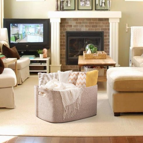75L 22x17x12 OIAHOMY Large Woven Cotton Rope Storage Basket with Handle for Organizing Blanket and Toys for Living