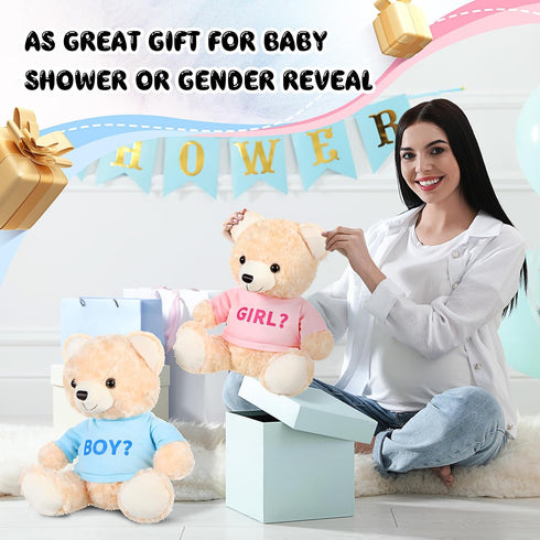 2 Pack Gender Reveal Bears, 14 Inch Blue and Pink T-Shirt Plush Bears for Baby Shower Decoration