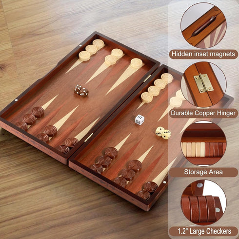 Syrace Backgammon Set 16x15.3inch, Handcrafted Wooden - Oversized Pieces, Intricate Carvings, Premium Travel Game Board